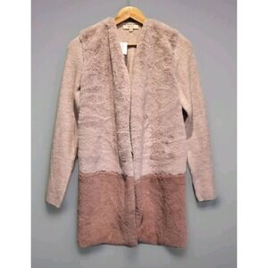 New Peyton Primrose Dusty Pink Faux Fur Knit Mid Length Open Cardigan Sweater  L